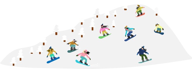 冬の雪山でスノボーする女性のイラスト