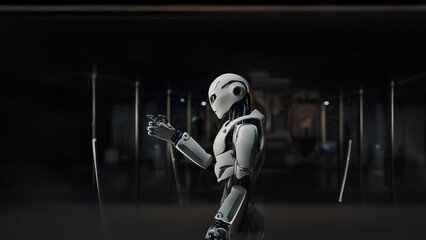 Side Profile of a Sleek White and Black AI Robot in Futuristic Dark Facility Pointing Forward