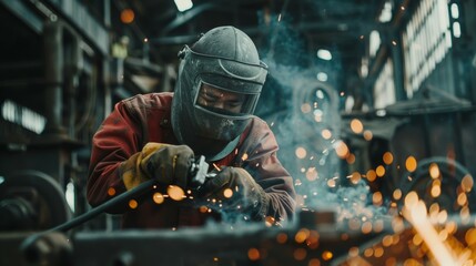Asian worker using hands in heavy industry with welder, grinder Asian man wearing a mask with his hands cut in heavy industry labor day concept