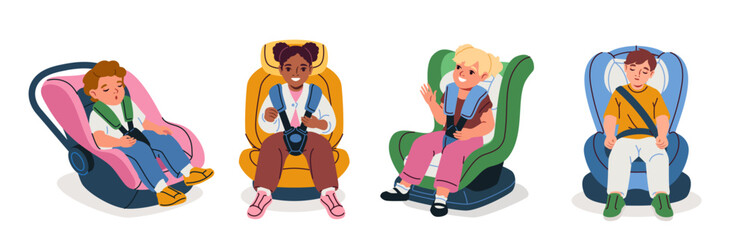 Set of children in baby car seats. Kids passengers sit in safety chairs for travel and car trips. Toddlers in auto security carrier. Flat vector illustration collection isolated on white background