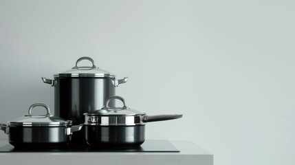 Modern Kitchen Utensils Set with Three Black Pots and Pans on White Table in Minimalist Style