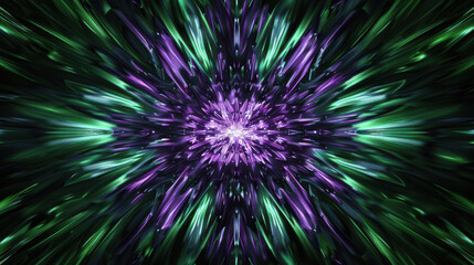 Fototapeta premium A photograph of a symmetrical, abstract pattern, featuring green and purple lines radiating from the center, high contrast with a dark green background