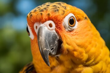 Fototapeta premium Detailed close up of vibrant parrot with beautifully blurred background for emphasis