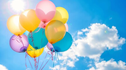Obraz premium Balloons in close up against softly blurred blue sky background for serene visuals