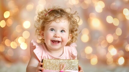 Fototapeta premium Joyful child in pink attire unwrapping gifts with laughter against birthday party backdrop