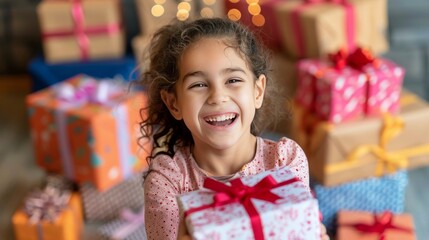 Joyful child in pink attire unwrapping gifts and giggling against a blurred birthday backdrop