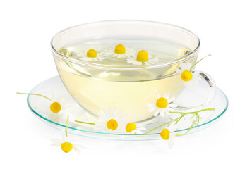 Aromatic herbal tea in glass cup with chamomile flowers isolated on white