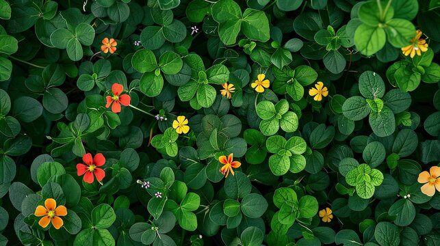View from Above: Blooming Tigirdia, Tropaeolum Majus, Viola Tricolor, and Vinca Difformis