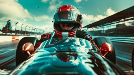 Fototapeta premium Photograph of a racer wearing a helmet driving on a race track. Digital art.