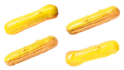 Tasty eclair with yellow frosting isolated on white, collage