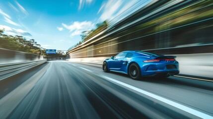 Photo of the back of a blue business car traveling at high speed. A blue car runs along a high-speed highway.