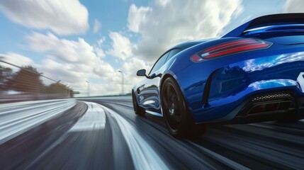 Photo of the back of a blue business car traveling at high speed. A blue car runs along a high-speed highway.