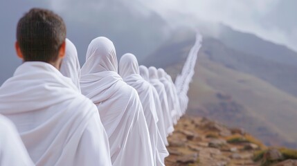 Holy pilgrimage site, pilgrims in traditional garments, vast landscape with ancient shrines, a journey of devotion and reverence