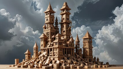 Obraz premium Wooden Castle Ruins Under a Cloudy Sky.