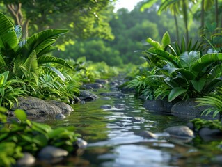 Tranquil Stream in Lush Jungle Serenity and Cleanliness in Nature's Embrace Explore the beauty of a pristine freshwater stream surrounded by vibrant foliage, a testament to the refreshing power of