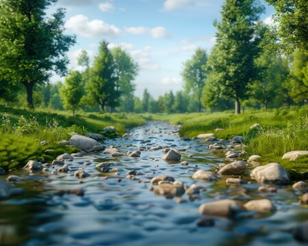 Tranquil Stream Flowing Through Lush Green Forest, Serenity and Freshness of Nature, Crystal Clear Water, Peaceful Scene, Refreshing View, Tranquil Moments, Pure Nature, Clean Environment, Enjoyment
