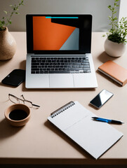 desk, a computer, keyboard, mouse, monitor, notebook, pen, pencil for down notes. organized with a stapler, paper clips, sticky notes, and a desk lamp, lit, include a coffee mug, pictures, plant