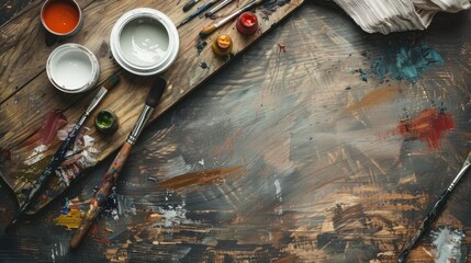 Top view of painting materials on wooden board with white oil paint can blank space for artistic...