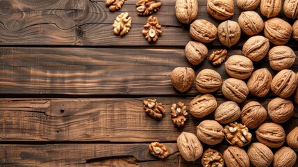 Arrangement of whole walnuts on wooden backdrop empty space