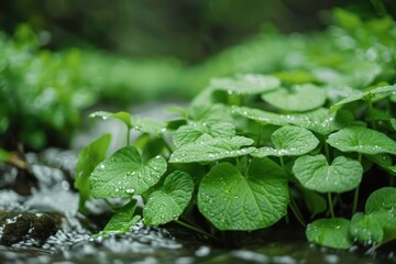 A supernatural scene features wasabi plants thriving in an enchanted river, their green leaves radiating a mystical energy