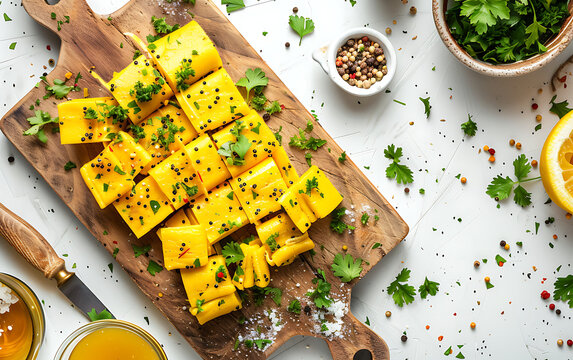 Board and plate of tasty Khandvi with on white background.