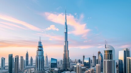 Naklejka premium Majestic skyline with a modern cathedral at its center, blending faith and architectural marvels, surrounded by sleek skyscrapers under a twilight sky