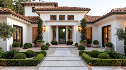 Obraz premium Mediterranean villa with terracotta roof tiles, lush gardens, stone pathways, and a sunlit courtyard, elegant and charming
