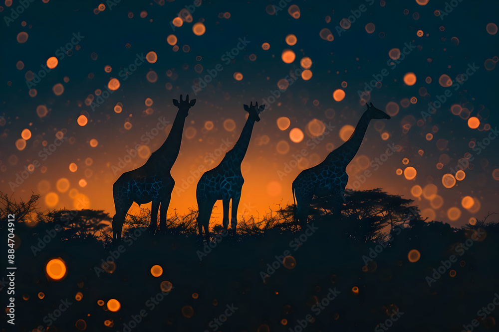 Poster Three Giraffe Silhouettes at Sunset with Bokeh Background