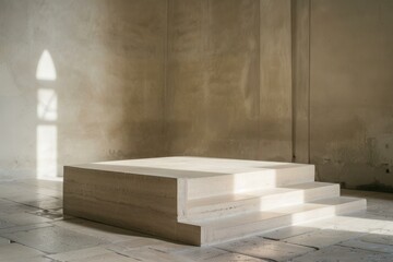 Serene stone bench bathed in soft sunlight, casting a window shadow in a peaceful environment