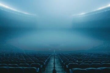 Fototapeta premium Eerie and spooky misty stadium emptiness with desolate and abandoned atmosphere on a quiet and calm dusk or dawn