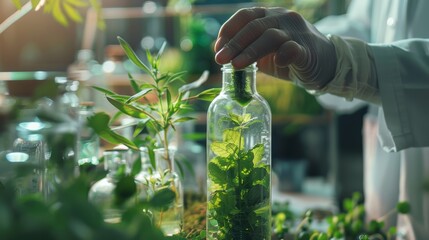 Scientists who research natural medicine Discover green herbal medicine at the science lab. Yod Ya took it and put it into a bottle in his hand.