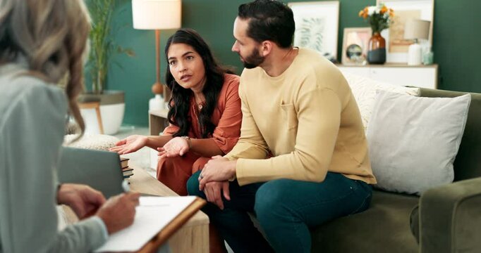 Marriage counseling, therapy and couple in consultation office with therapist for growth, trust or help with communication. Psychology, support and people with counselor for advice, tips or guidance