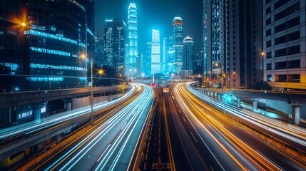 
High-speed freeway with glowing headlights leading towards a modern city skyline. Bright light streaks on a busy street, showcasing the vibrant night life and dynamic urban environment that is very i