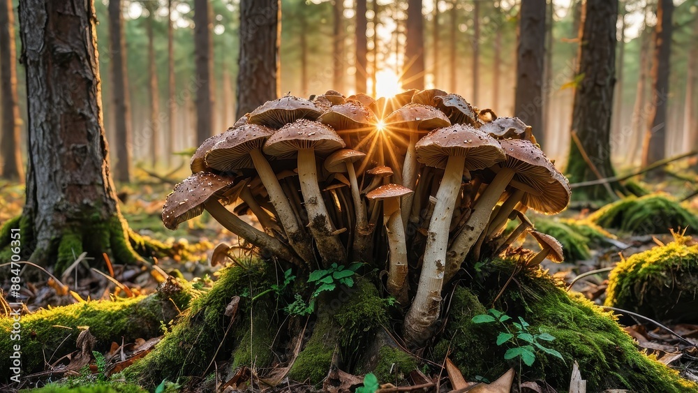 Poster mushrooms in the forest at sunset.