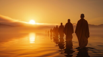 Sacred ritual at dawn, monks in saffron robes, holy river reflecting golden sunlight, ancient chants in the air, tranquil and mystical