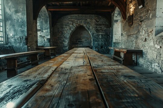 Rustic medieval dining room with long vintage wooden table and ambient lighting