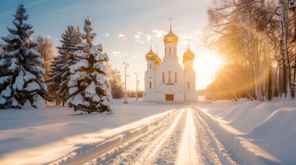 Fototapeta premium Traditional Russian cathedral with golden domes, seen from a snow-covered street, with a picturesque view of a winter sunset