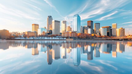 Fototapeta premium Urban skyline at sunrise, with reflections of skyscrapers on a calm river, and early morning commuters starting their day