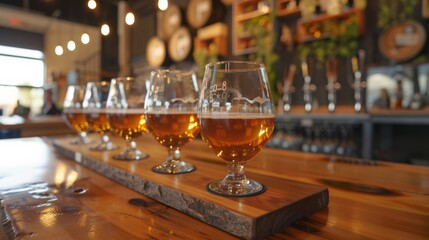 Stylish beer brewery with wooden tables Rows of clear glasses await craft beer tasting. The focus is on tasting high quality beer in a luxurious atmosphere.