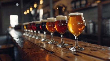 Stylish beer brewery with wooden tables Rows of clear glasses await craft beer tasting. The focus is on tasting high quality beer in a luxurious atmosphere.
