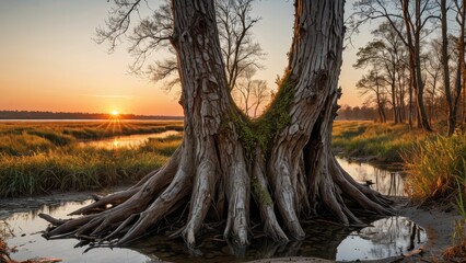 Obraz premium Sunrise Over Ancient Cypress Roots.