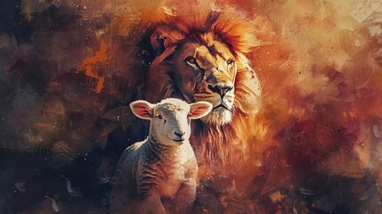 Lion and Lamb - Abstract Illustration with Copy Space - Dark extended background - brush strokes in the style of watercolor - very striking loose brushwork
