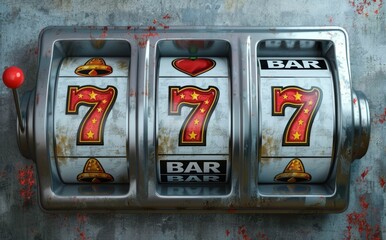 Lucky sevens slot machine with blood stain on wall a haunting reminder of the dangers of gambling