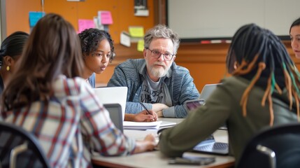 A diverse group of students and a teacher engaged in a focused discussion around a table, collaborating on a project in a classroom setting.
