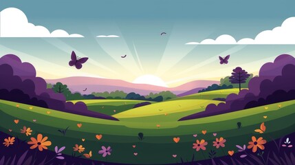 Fototapeta premium Colorful Sunrise Landscape with Butterflies and Flowers.