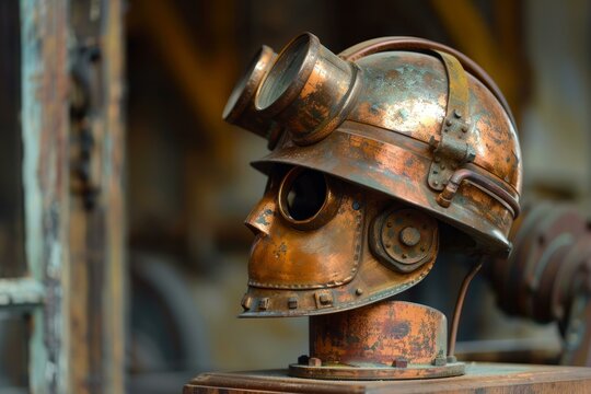 Rustic old diving helmet made of copper, showcasing historical deepsea exploration gear