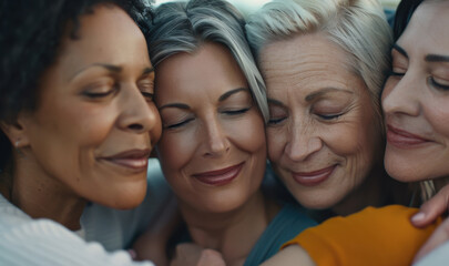 Diverse group of women of different ages supporting each other, emotional scene, soft lighting and warm tones. Breast cancer awareness month.