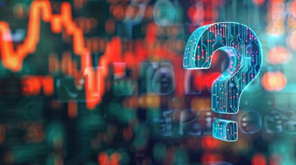 A blue question mark is surrounded by a colorful background of abstract shapes