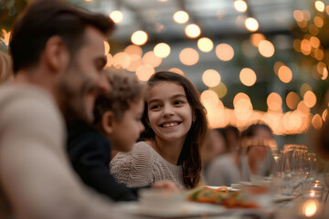 Family shares festive meal in beautifully adorned Sukkah, warm lighting enhances joyous atmosphere during Jewish harvest holiday of Sukkot