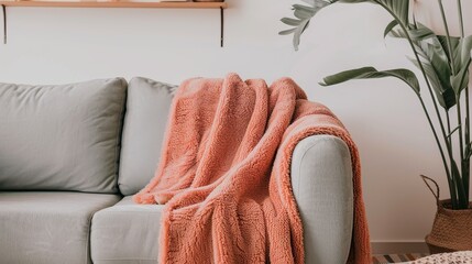 A couch with a blanket draped over it and a potted plant in the background